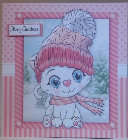Festive White kitten  in pink bobble hat 8x8 by Hazel Underwood