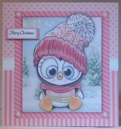 Festive penguin in pink bobble hat 8x8 by Hazel Underwood