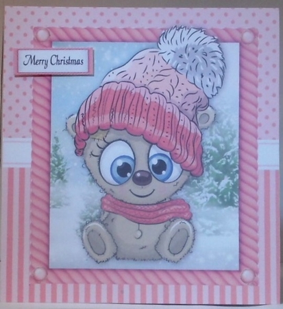 Festive brown bear in pink bobble hat 8x8 by Hazel Underwood