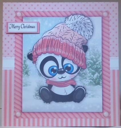 Festive panda in pink bobble hat 8x8 by Hazel Underwood