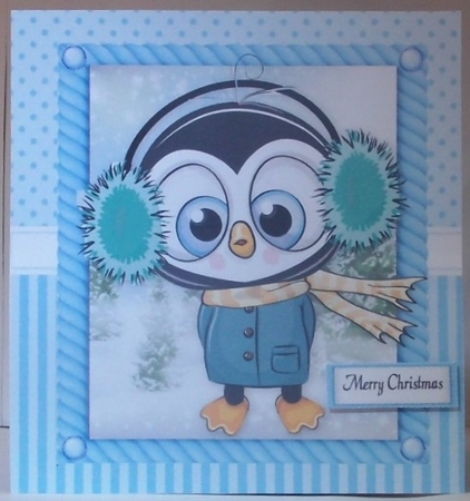 Festive Penguin With Ear Muffs 8x8 by Hazel Underwood