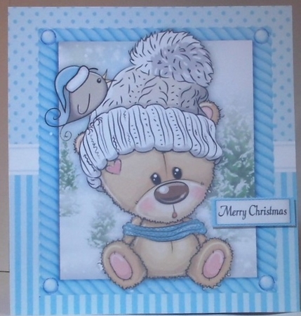 Festive Brown  Bear With Cream Bobble Hat 8x8 by Hazel Underwood