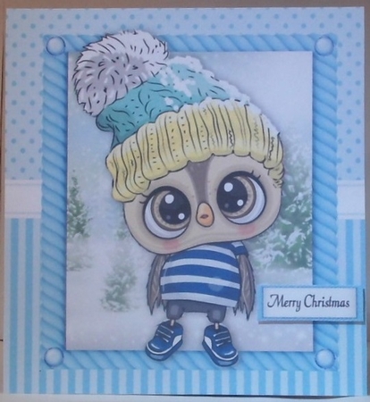 Festive Owl With Cream Bobble Hat 8x8 by Hazel Underwood
