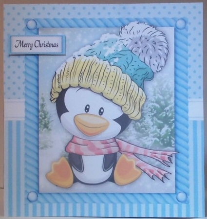 Festive Penguin With Cream Bobble Hat 8x8 by Hazel Underwood