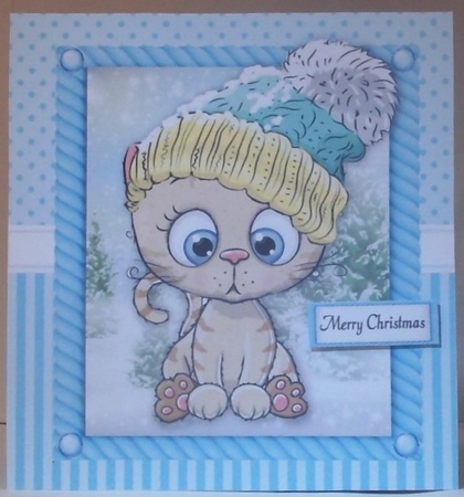 Festive Cat In Bobble Hat 8x8 by Hazel Underwood