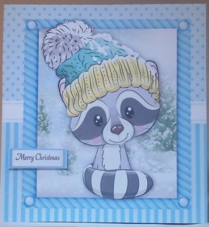 Festive Raccoon  In Bobble Hat 8x8 by Hazel Underwood