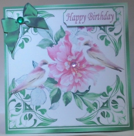 pretty ornate card front/insert with leaves in green 7x7 flowers with birds by Hazel Underwood