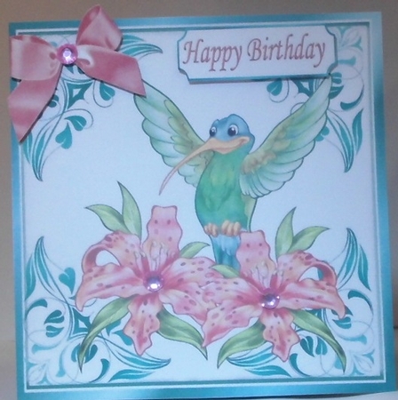  ornate card front/insert with leaves in turq 7x7 flowers with humming bird by Hazel Underwood