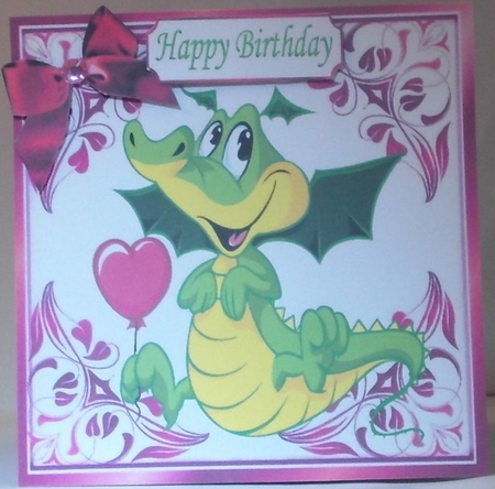 pretty ornate card front/insert with leaves in cerise 7x7 with a dragon  by Hazel Underwood