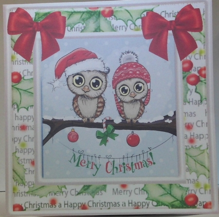 Cute pair of owls on a branch with snow and red bows 8x8 by Hazel Underwood