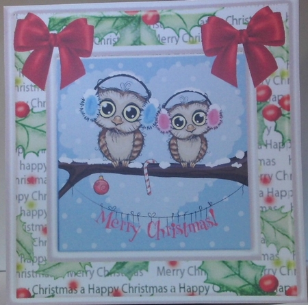 cute owls wearing ear muffs sitting on a branch 8x8 by Hazel Underwood