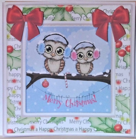  4 Cute card fronts of owls with friends and red bows 8x8 mini kit by Hazel Underwood