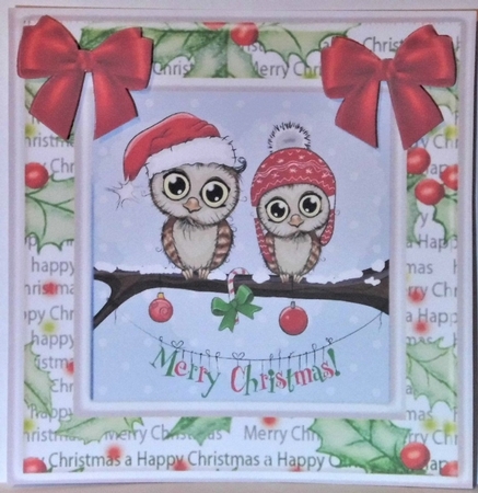  4 Cute card fronts of owls with friends and red bows 8x8 mini kit by Hazel Underwood