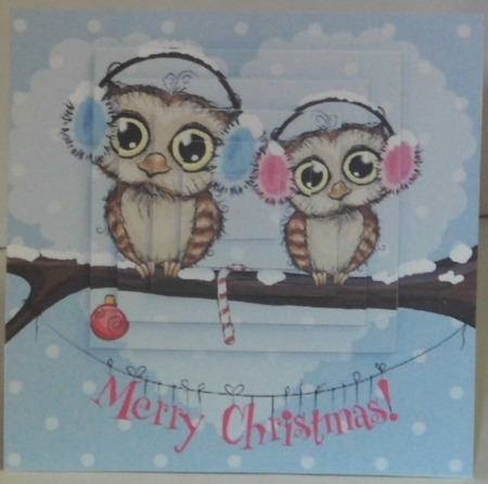 Cute owls on a branch wearing ear muffs square pyramids by Hazel Underwood