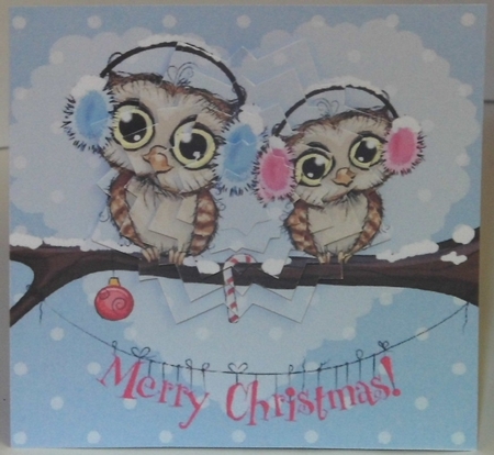 Cute owls on a branch wearing ear muffs snowflake pyramids by Hazel Underwood