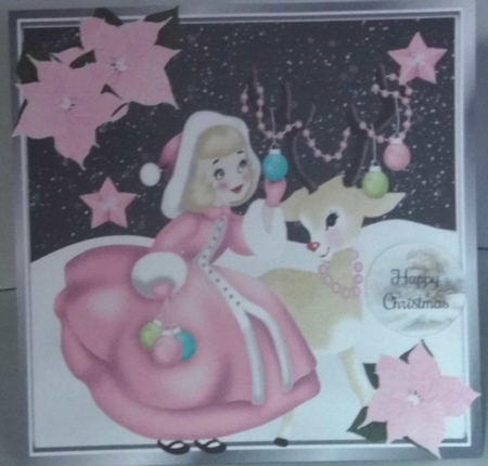 Girl in pink with deer and pink poinsettias 8x8 by Hazel Underwood