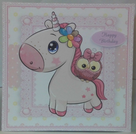 Adorable Unicorn With Owl  In Pink Frame 8x8 by Hazel Underwood