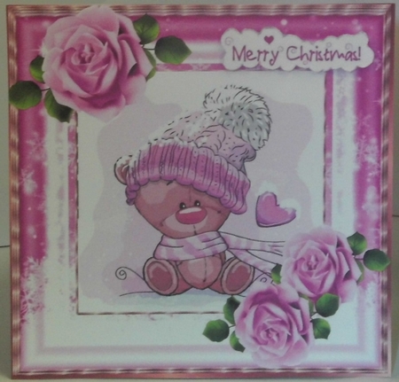 Cute teddy in snow frame  with lilac roses 8x8 by Hazel Underwood