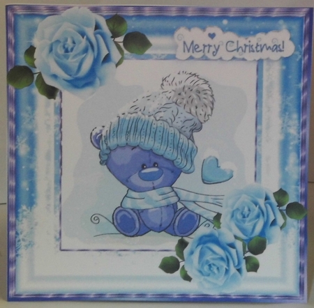 Cute teddy in snow frame  with blue roses 8x8 by Hazel Underwood