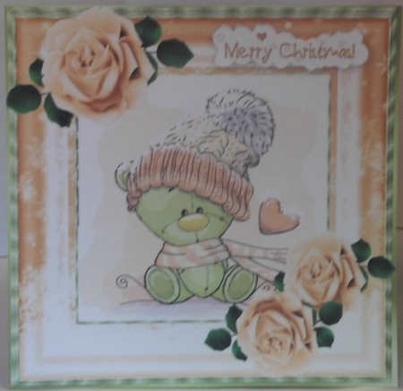 Cute teddy in snow frame  with gold roses 8x8 by Hazel Underwood
