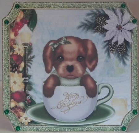 Cute Christmas puppy in green by Hazel Underwood
