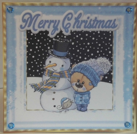  4 Cute teddy bears in knitted hats with snowman card fronts 8x8 mini kit by Hazel Underwood