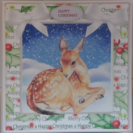 Cute deer in festive frame with white bows 8x8 by Hazel Underwood