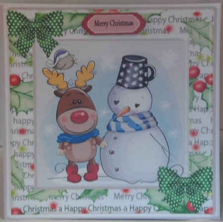 Snowman and rudey with green spot bows in festive frame 8x8 by Hazel Underwood