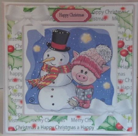 Lovely snowman with little miss piggy  in festive frame 8x8 by Hazel Underwood