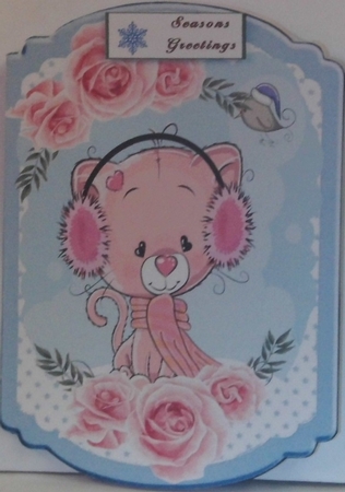 Cute kitty with pink roses and star bracket card by Hazel Underwood
