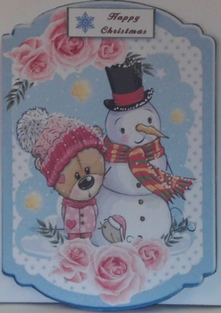 Cute teddy with snowman with pink roses and  blue star bracket card by Hazel Underwood