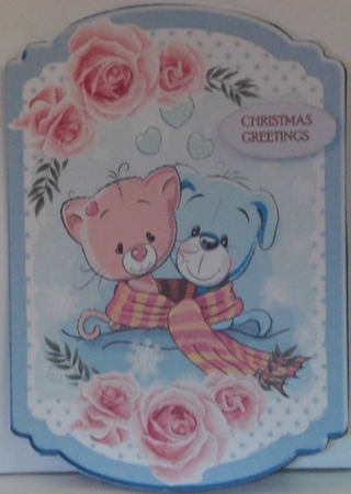 Cute kitty and puppy in scarf with pink roses and star bracket card by Hazel Underwood