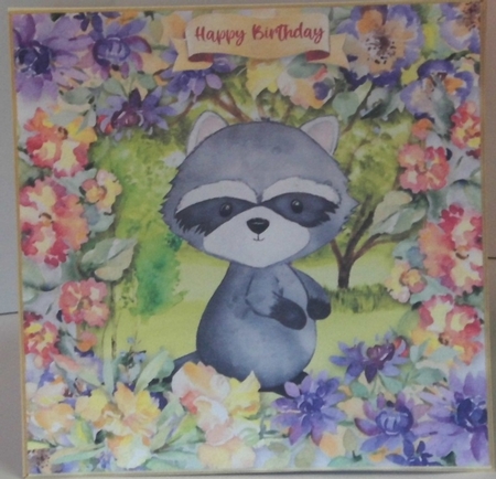 3 Multi floral raccoon card fronts/toppers by Hazel Underwood