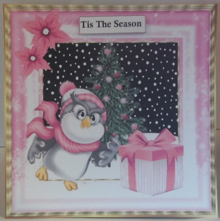 Cute owl in pink with christmas tree 8x8 by Hazel Underwood