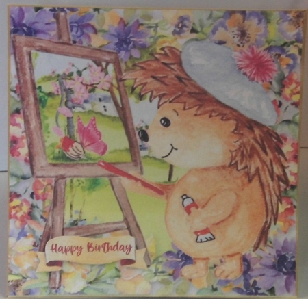 3 Artist hedgehog painting in the woods card fronts/toppers by Hazel Underwood