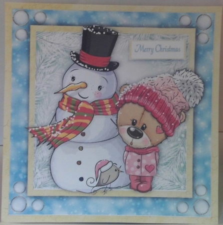 Cute Brown Bear In Pink Bobble Hat With Snowman 8x8 by Hazel Underwood