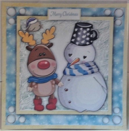 Cute Reindeer With Snowman 8x8 by Hazel Underwood