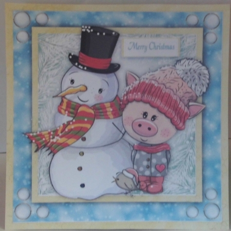 Cute Pig In Pink Bobble Hat With Snowman 8x8 by Hazel Underwood