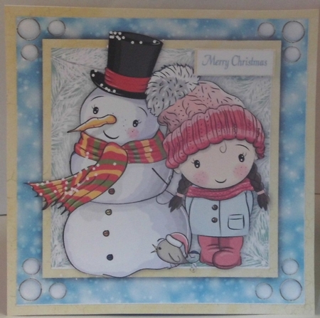 Cute Little Girl In A Bobble Hat With Snowman 8x8 by Hazel Underwood