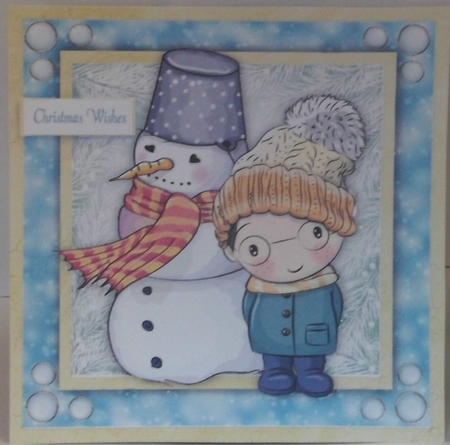 Cute Little Boy In A Bobble Hat With Snowman 8x8 by Hazel Underwood