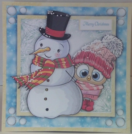 Cute Little Owl In A Bobble Hat With Snowman 8x8 by Hazel Underwood
