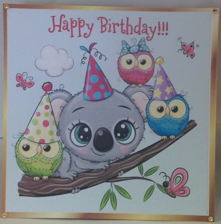 Cute owls on a branch in party hats 8x8 by Hazel Underwood