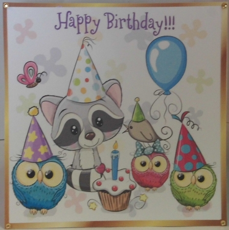 Cute party friends with raccoon & owls celebrating a birthday 8x8 by Hazel Underwood