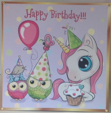 Cute Owls Partying with pretty unicorn 8x8 by Hazel Underwood