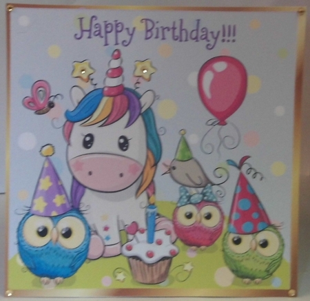 Cute rainbow unicorn with owls partying 8x8 by Hazel Underwood
