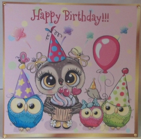 cute owl with cupcake and  friends 8x8 by Hazel Underwood