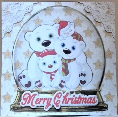 Snow globe with family of polar bears with gold stars 7x7 by Hazel Underwood