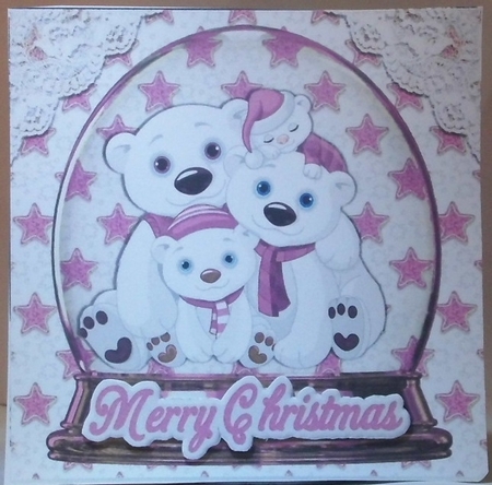 Snow globe with family of polar bears with pink stars 7x7 by Hazel Underwood