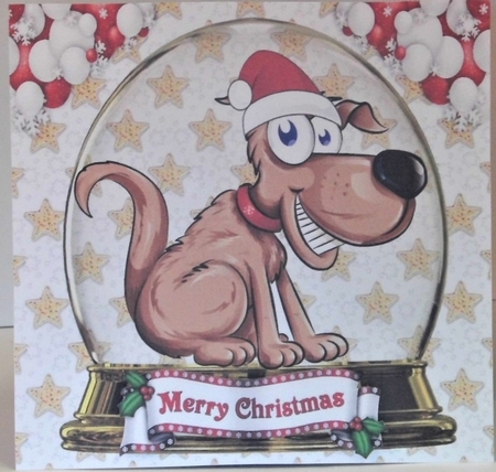 Big toon Dog in santa hat in snowglobe 8x8 by Hazel Underwood