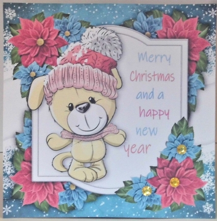 Merry Christmas Dog With Pink Bobble Hat 8x8 by Hazel Underwood